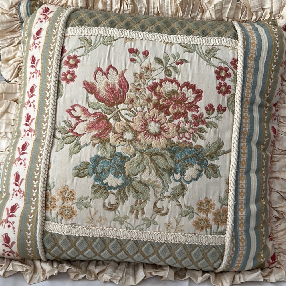 Horchow shabbychic patchwork pillow w/silk ruffle, coordinating pillow available